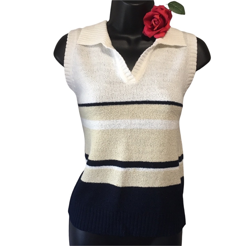 Carolyn Taylor Essentials Collared Sleeveless Sweater Vest Stripe Black Cream S